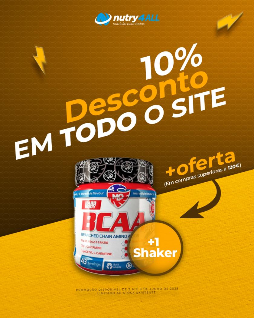 2 a 8 jun - 10% todo site (e encomendas superiores a 120€ oferta de 1 Hard Body BCAA pro + 1 shaker) - 2 a 8 jun - 10% em todo site (e encomendas superiores a 120€ oferta de 1 Hard Body BCAA pro + 1 shaker)