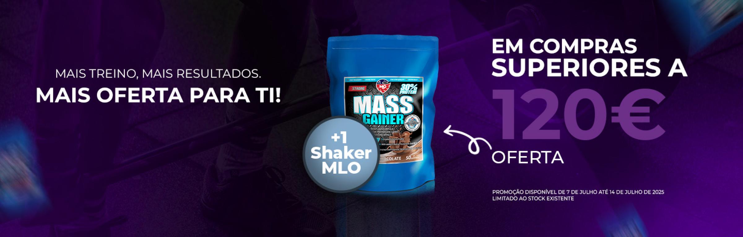 7 a 14 - Em compras superiores a 120€ oferta 1 Strong Mass Gainer cookies 1kg MLO  e 1 shaker MLO - 7 a 14 - Em compras superiores a 120€ oferta 1 Strong Mass Gainer cookies 1kg MLO  e 1 shaker MLO
