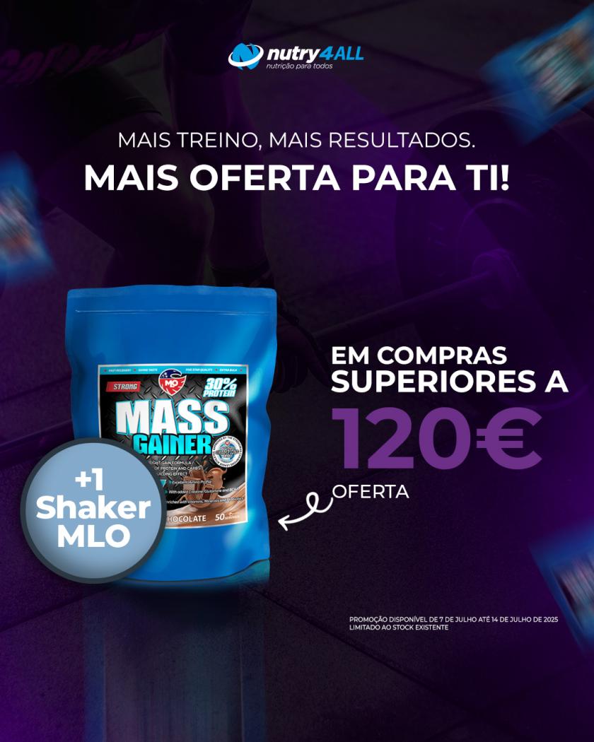 7 a 14 - Em compras superiores a 120€ oferta 1 Strong Mass Gainer cookies 1kg MLO  e 1 shaker MLO - 7 a 14 - Em compras superiores a 120€ oferta 1 Strong Mass Gainer cookies 1kg MLO  e 1 shaker MLO