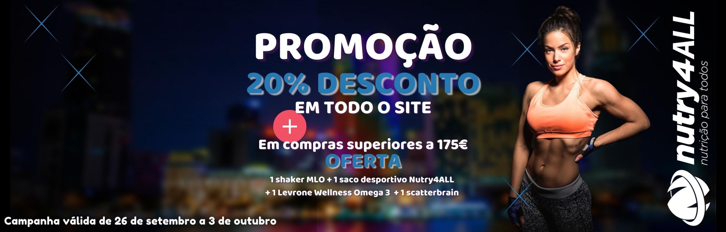 26 a 3 out. - todo o site 20% desconto e compras superiores a 175€ oferta - 26 setembro a 3 outubro 2022 - todo o site 20% desconto e compras superiores a 175€ oferta 1 shaker MLO  ; 1 saco desportivo nutry4ALL ; 1 Levrone Wellness  Omega 3  ; 1 scatterbrain