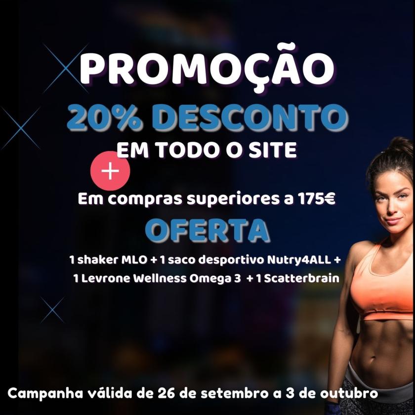 26 a 3 out. - todo o site 20% desconto e compras superiores a 175€ oferta - 26 setembro a 3 outubro 2022 - todo o site 20% desconto e compras superiores a 175€ oferta 1 shaker MLO  ; 1 saco desportivo nutry4ALL ; 1 Levrone Wellness  Omega 3  ; 1 scatterbrain